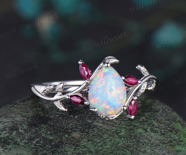 Pear shaped opal engagement ring white gold leaf branch marquise ruby wedding anniversary ring women gift