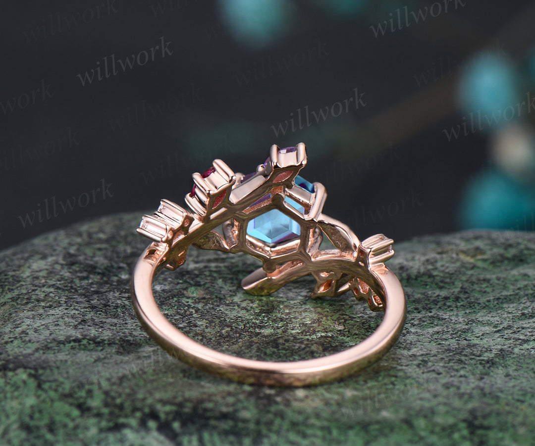 Unique Hexagonal Ring Vine Wrapped Alexandrite Ring 14k Rose Gold Engagement Ring Christmas Gift Anniversary Gift Ring