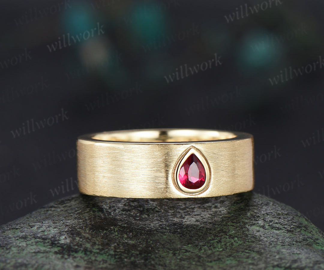 Pear Cut Ruby Floral Leaf Engagement Ring Set & Solitaire Ruby Brushed Men Wedding Band Passionate Ruby Couple Ring Set