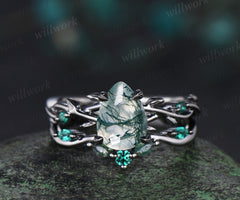 14K Black Gold Natural Green Moss Agate Emerald Engagement Ring Set Twig Vine Pear Moss Agate Wedding Ring Goth Black Promise Rings Anniversary gift