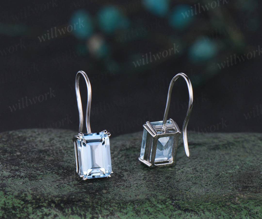 Emerald cut aquamarine stud earrings solid 14k white gold Solitaire Minimalist earrings anniversary gift for women