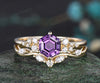 Unique February Birthstone Hexagon Cut Natural Amethyst Engagement Ring Set 14k Yellow Gold Moissanite Snowdrift 2pcs Bridal Ring Set