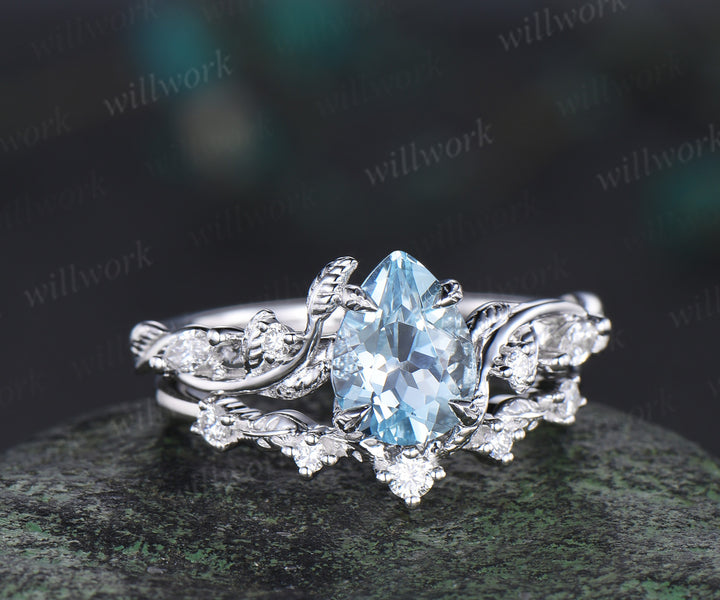 Twig Vine Nature Inspired Natural Aquamarine Diamond Engagement Ring 14K White Gold Moissanite Wedding Leaf Bridal Set Promise Gifts