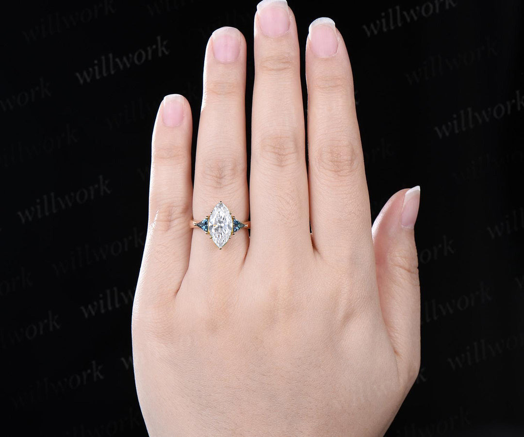 Marquise lab grown diamond engagement ring three stone trillion cut London blue topaz tapered band unique bridal ring