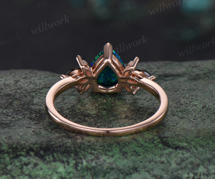 Pear shaped black opal engagement ring rose gold cluster marquise black spinel ring women