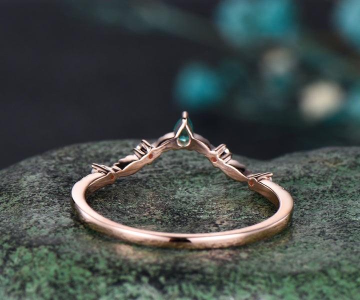 Unique emerald wedding band Vintage Curved V Shaped 14k rose gold emerald ring vintage norse leaf nature ring jewelry dainty wedding bridal anniversary ring band women