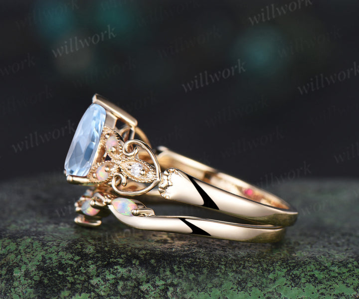 Pear shaped aquamarine ring 14k yellow gold opal butterfly Milgrain engagement ring set women art deco unique bridal ring set