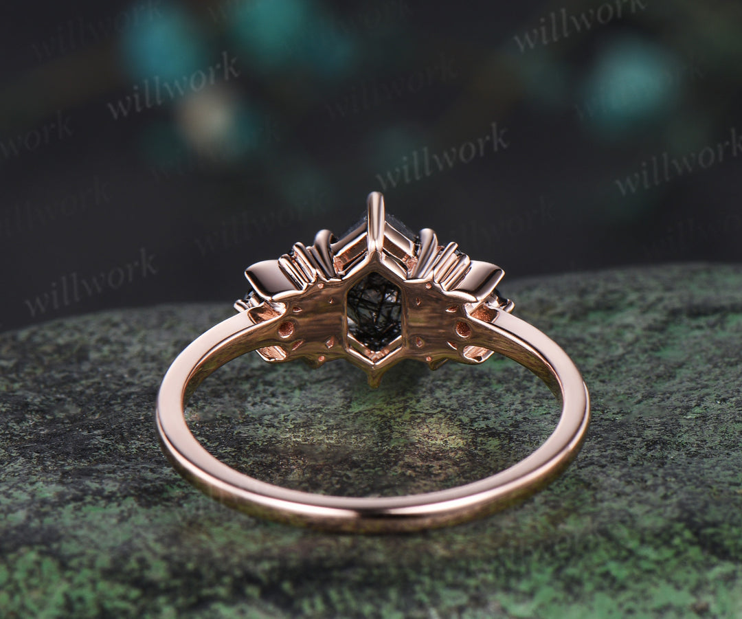 Long Hexagon Cut Black Rutilated Quartz engagement ring 14k rose gold moon 7 stone cluster anniversary ring women gift