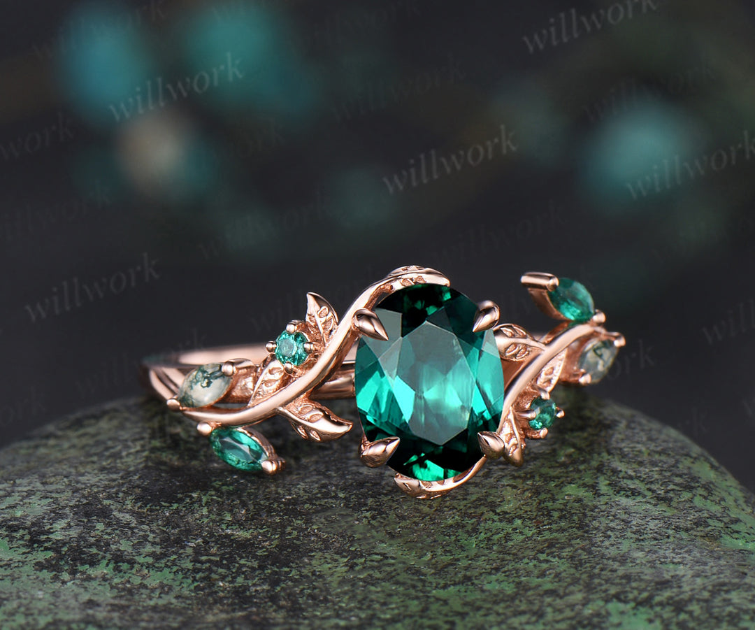 Oval cut green emerald Engagement Ring 14k rose gold leaf moss agate ring vintage Nature Inspired anniversary gift gemstone