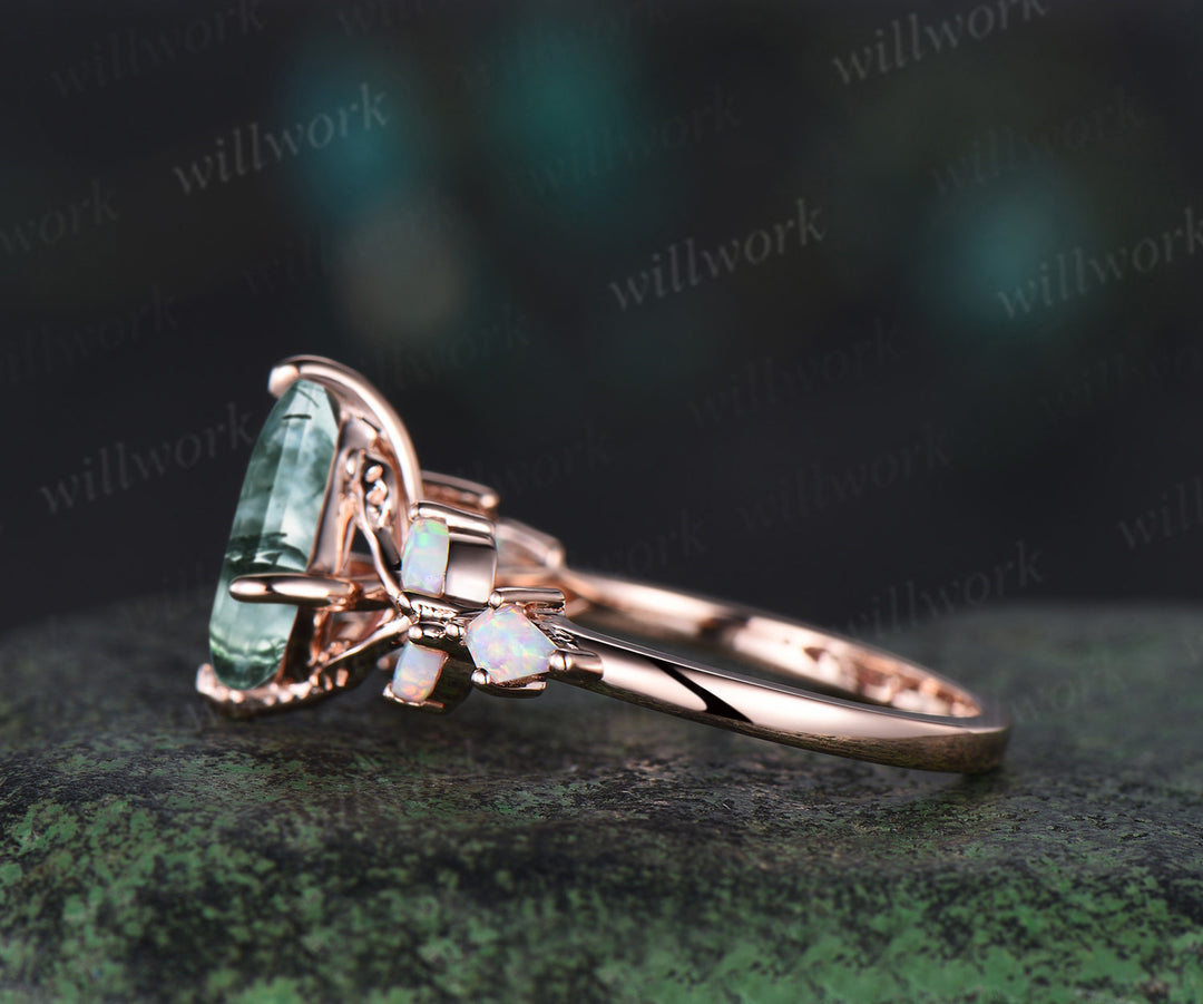 Unique kite cut moss agate engagement ring leaf kite opal ring 14k rose gold art deco promise anniversary gift