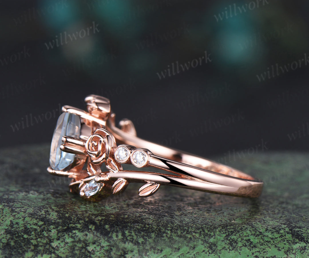 Unique round aquamarine engagement ring floral leaf diamond ring women rose gold nature inspired promise ring her gift