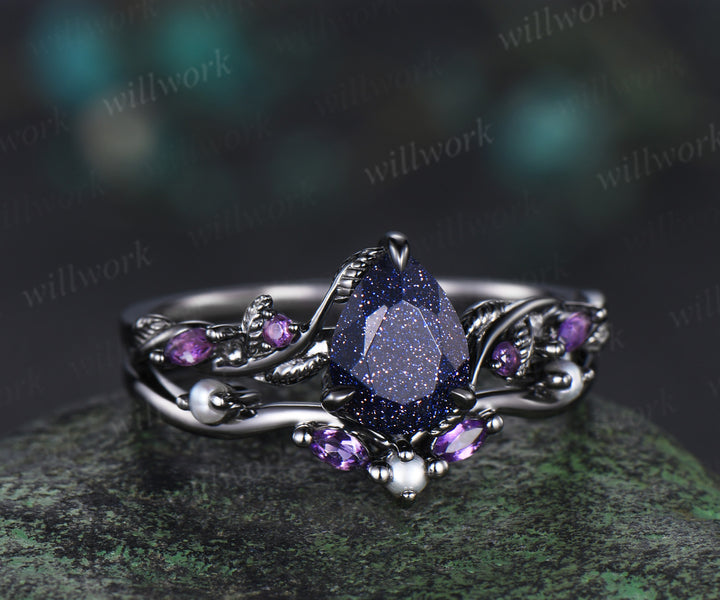 Nature Inspired Pear Galaxy Blue Sandstone pearl Bridal Set 14k black gold Unique Twig Vine Teardrop Blue Goldstone Engagement Ring Ring Set women