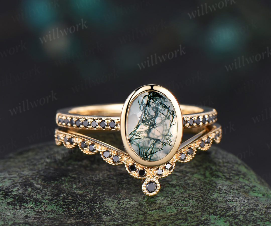 Bezel oval cut moss agate Engagement Ring set 14k yellow gold Milgrain Half Eternity black diamond anniversary ring women gift