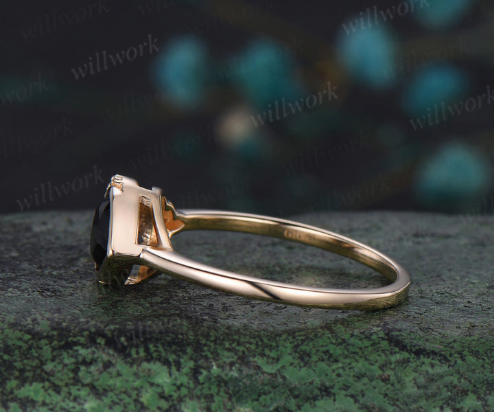Pear shaped black onyx engagement ring solid 14k yellow gold bezel moon Celtic knot wedding ring women gemstone