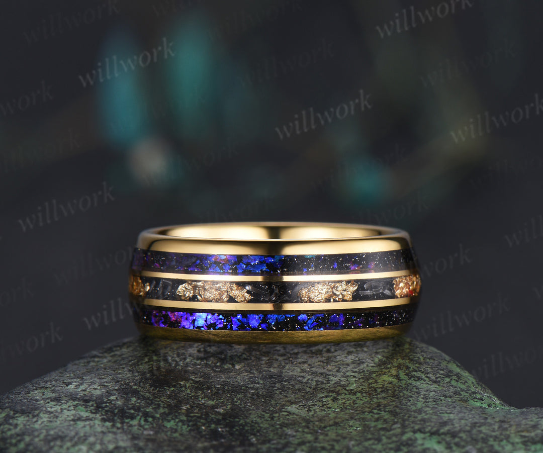 Pear Lapis Lazuli Leaf Vines Bridal Ring Set & Tungsten Galaxy Nebula Gold Flakes Men’s Band Unique Couple Ring Set