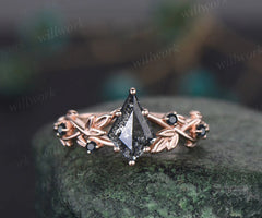 Leaf Kite Salt and Pepper Diamond Engagement Ring Nature Inspired Twig Black Diamond Accented Wedding Ring