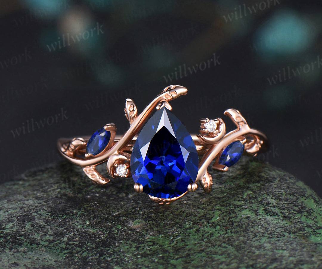 Vintage pear sapphire engagement ring set unique twig leaf moon ring marquise moissanite sapphire wedding band bridal jewelry set