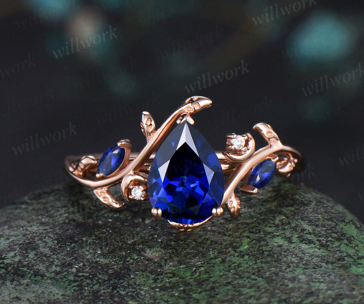 Vintage pear sapphire engagement ring set unique twig leaf moon ring marquise moissanite sapphire wedding band bridal jewelry set