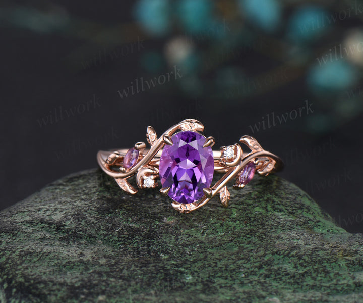 Oval Cut Natural Amethyst Engagement Ring Set February Birthstone Amethyst Moon Ring Leaf Nature Inspired 2pcs Bridal Ring Set