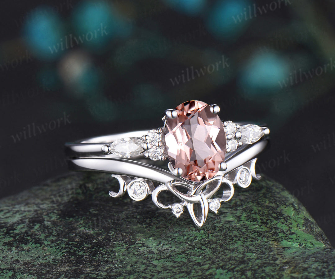 Oval cut morganite engagement ring solid 14k white gold moon Celtic knot diamond wedding promise ring set women