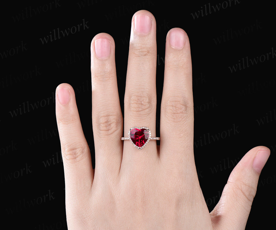 Ruby Engagement Ring-Handmade Solid 14k Rose Gold Ring-Real Floral Moissanites Red Heart Shaped Cut Gemstone Promise Ring