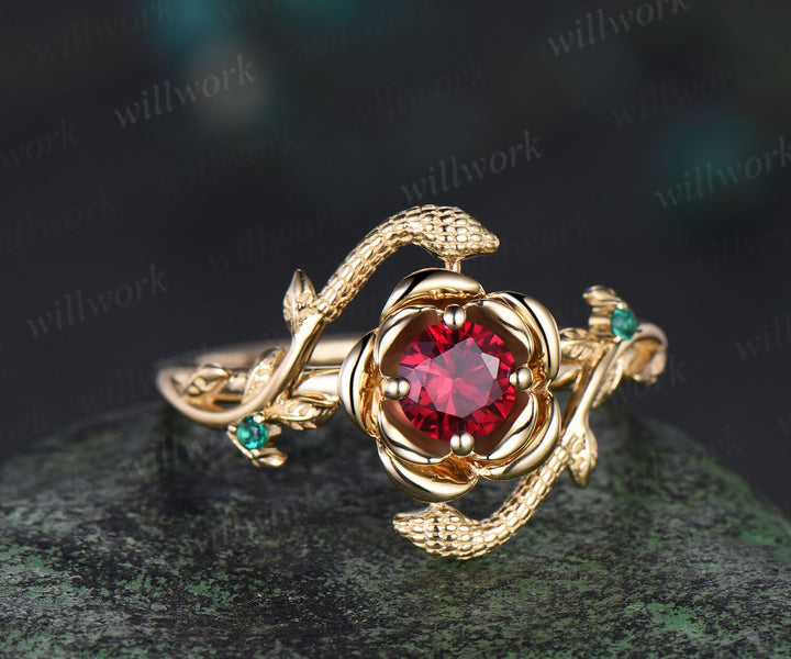Round cut ruby engagement ring flower floral snake three stone emerald ring vintage wedding ring women jewelry