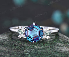 Hexagon Cut June Birthstone Alexandrite Engagement Wedding Ring Unique Moissanite Natural Moss Agate Ring Art Deco Cluster Ring Anniversary Jewelry