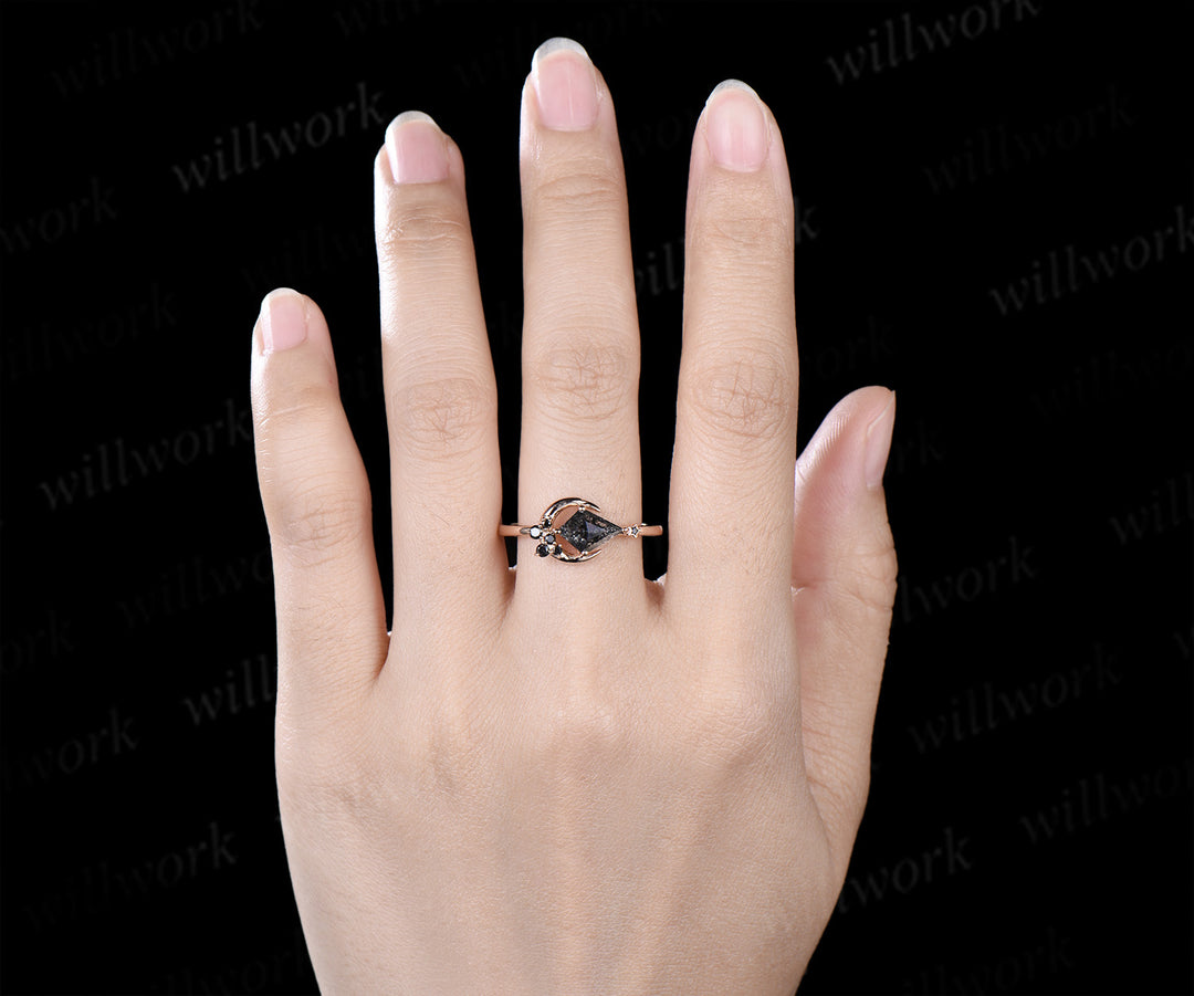 Moon kite cut salt and pepper diamond engagement ring East To West black diamond wedding anniversary ring gift