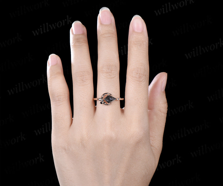 Moon kite cut salt and pepper diamond engagement ring East To West black diamond wedding anniversary ring gift