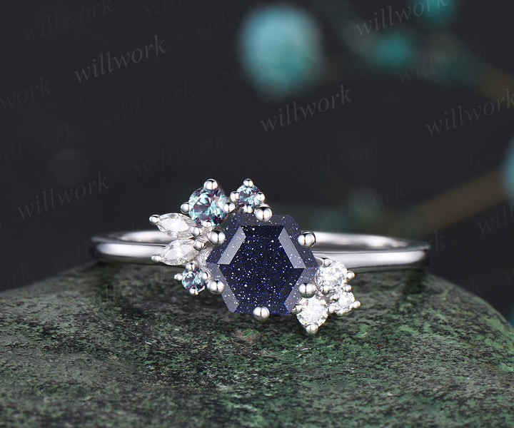 Galaxy Hexagon Cut Blue Sandstone Engagement Ring Moissanite Diamond Alexandrite Cluster Wedding Ring 14k White Gold Healing Jewelry