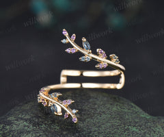 Natural London blue topaz amethyst wedding band enhancer wraps solid 14k yellow gold cluster leaf twig ring open gap band