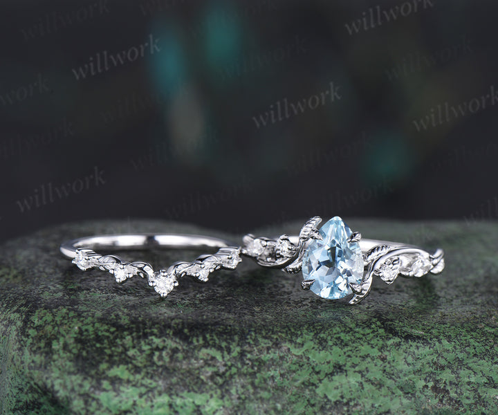 Twig Vine Nature Inspired Natural Aquamarine Diamond Engagement Ring 14K White Gold Moissanite Wedding Leaf Bridal Set Promise Gifts