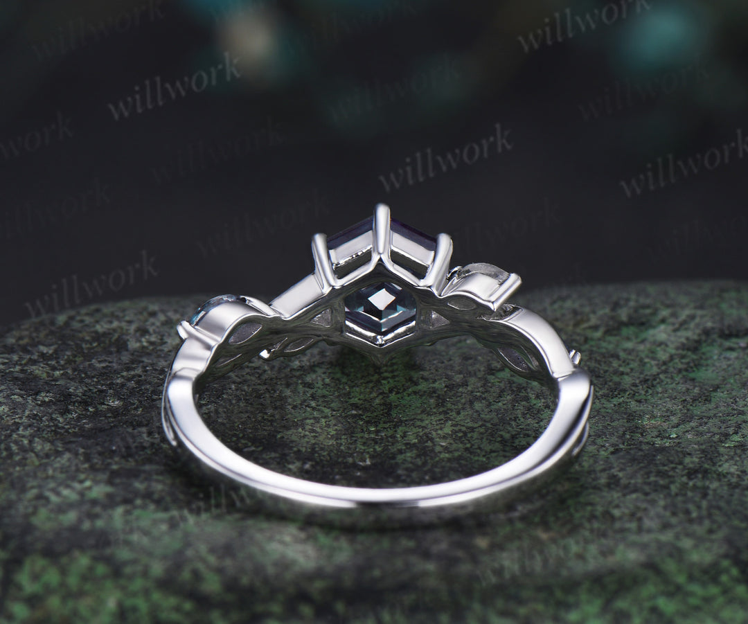 Hexagon cut alexandrite engagement ring 14k white gold 6 prong infinity moonstone retro unique wedding ring women