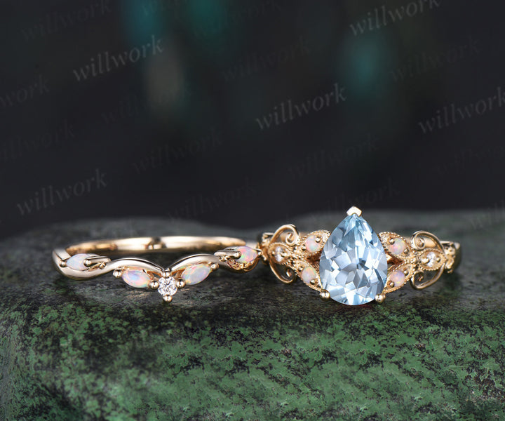 Pear shaped aquamarine ring 14k yellow gold opal butterfly Milgrain engagement ring set women art deco unique bridal ring set