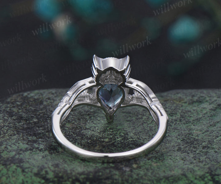 Vintage pear cut Alexandrite Engagement Ring white gold Owl leaf wing twisted Solitaire wedding anniversary ring women gift
