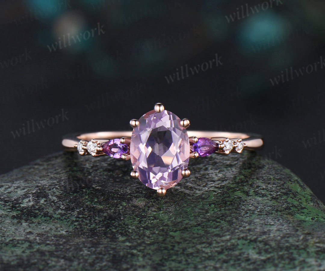 Oval cut Lavender Amethyst engagement ring 7 stone rose gold moissanite Crystal wedding band enhancer unique bridal set women