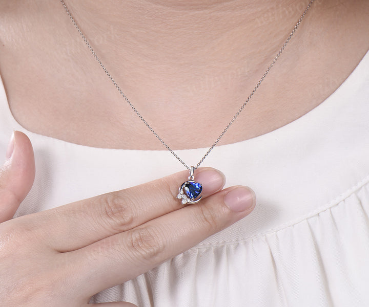 Vintage heart shaped blue sapphire necklace white gold cluster moon snowdrift diamond pendant women September birthstone anniversary gift