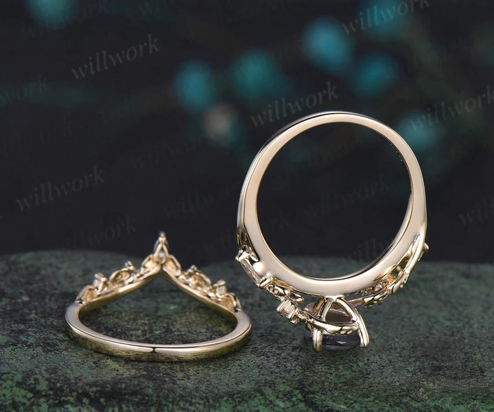 Vintage pear salt and pepper diamond engagement ring solid gold leaf branch nature inspired promise bridal ring set women