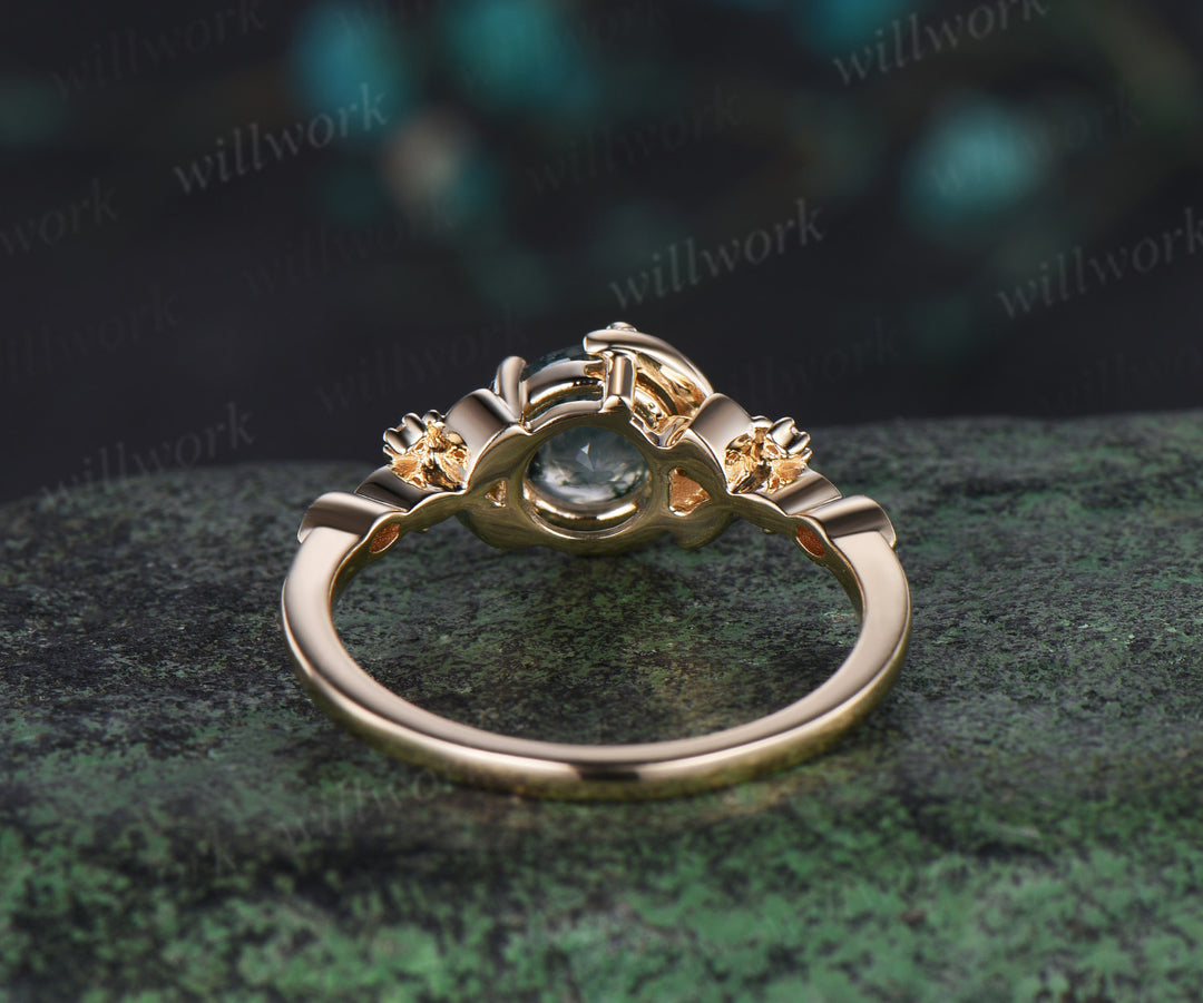 Vintage round cut moss agate engagement ring yellow gold butterfly Celtic knot moon diamond ring women unique anniversary wedding ring