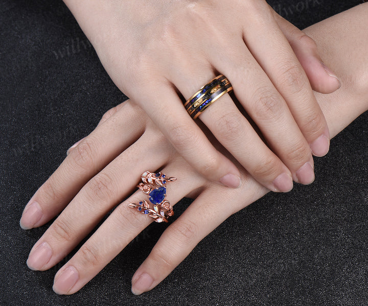 Pear Lapis Lazuli Leaf Vines Bridal Ring Set & Tungsten Galaxy Nebula Gold Flakes Men’s Band Unique Couple Ring Set