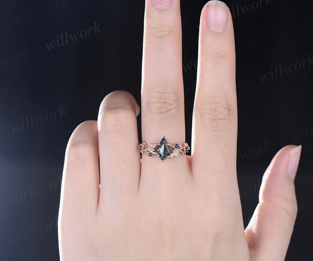 Leaf Kite Salt and Pepper Diamond Engagement Ring Nature Inspired Twig Black Diamond Accented Wedding Ring