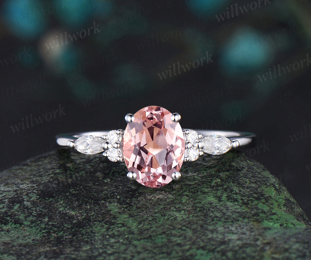 Oval cut morganite engagement ring solid 14k white gold moon Celtic knot diamond wedding promise ring set women