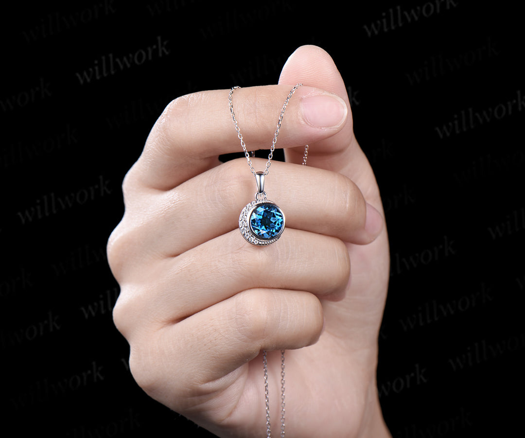 Dainty Round Cut London Blue Topaz Necklace Unique Moissanite Moon Pendant Minimalist December Birthstone Blue Topaz Necklace Women