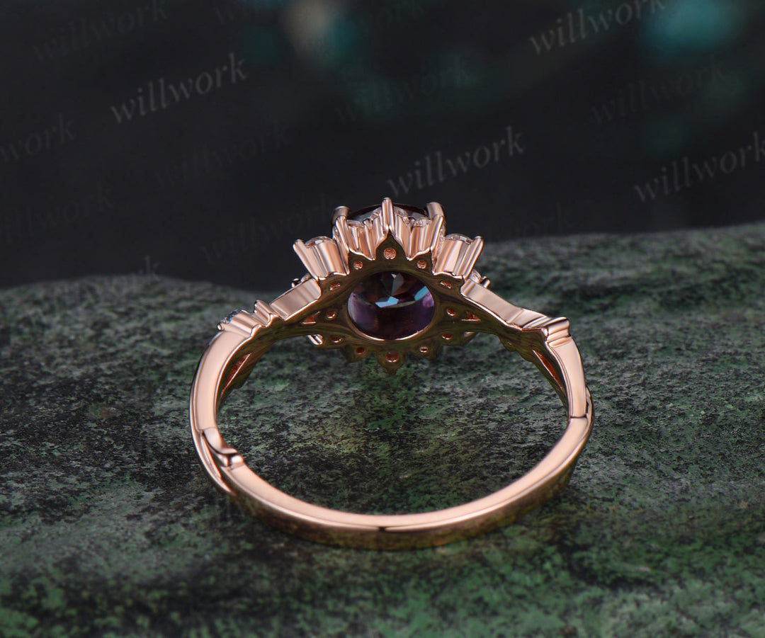 Round cut alexandrite engagement ring rose gold twisted branch vine halo diamond ring vintage promise bridal ring women