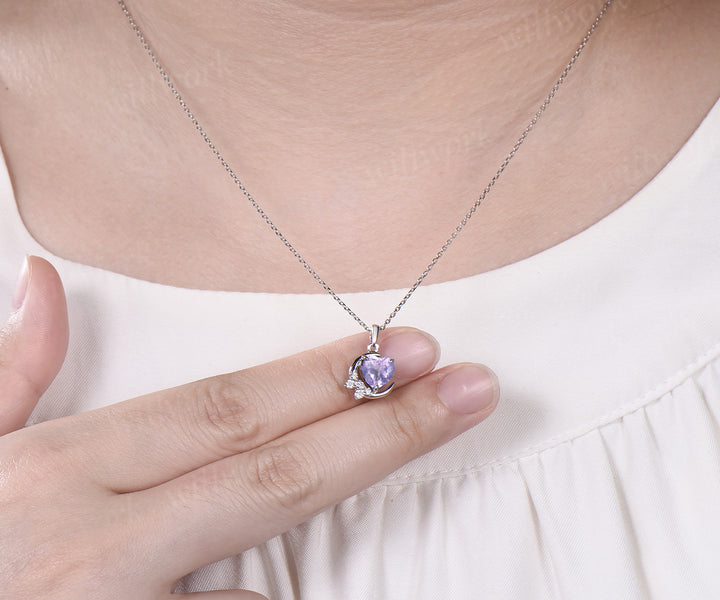 Vintage heart shaped Lavender Amethyst necklace white gold cluster moon snowdrift diamond pendant women February birthstone anniversary gift