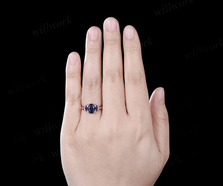 Vintage oval cut blue sandstone engagement ring rose gold leaf cluster antique sapphire black spinel anniversary ring women gift