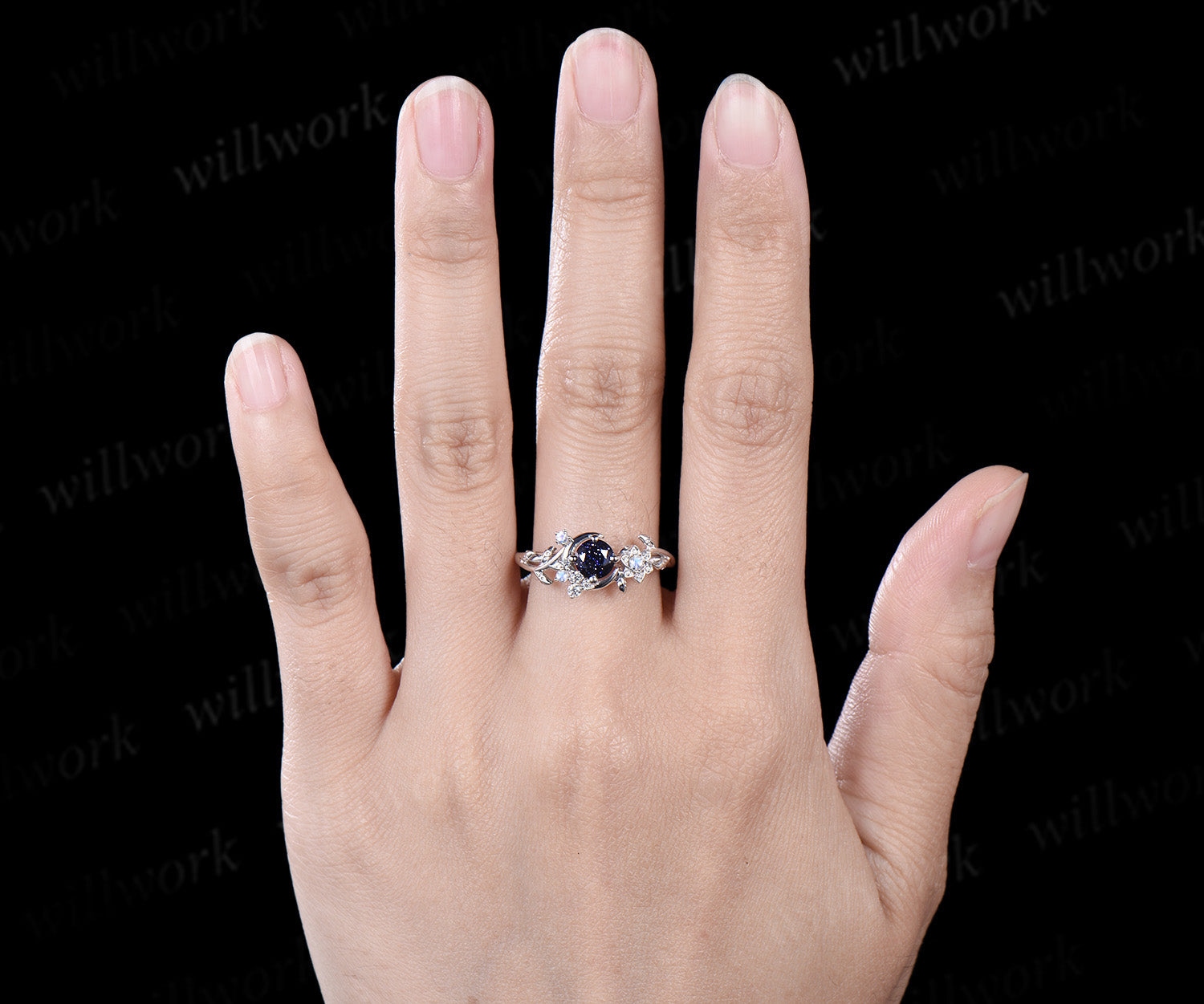 Nature Inspired Round Galaxy Blue Sandstone moonstone Wedding Ring