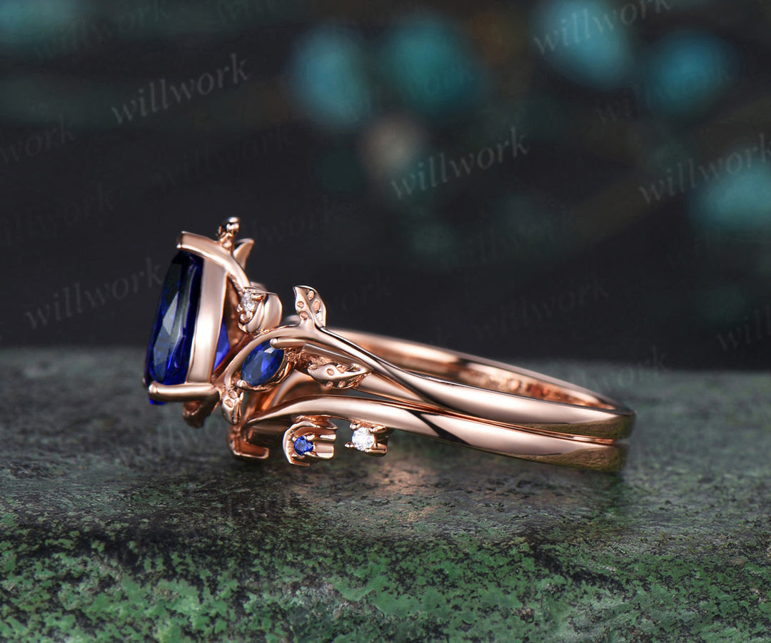 Vintage pear sapphire engagement ring set unique twig leaf moon ring marquise moissanite sapphire wedding band bridal jewelry set