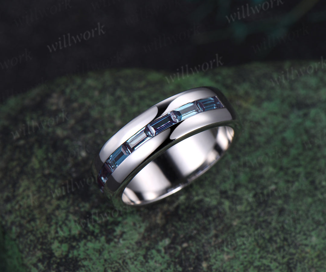 Baguette cut alexandrite wedding band men half eternity mens wedding ring band June birthstone ring anniversary gift