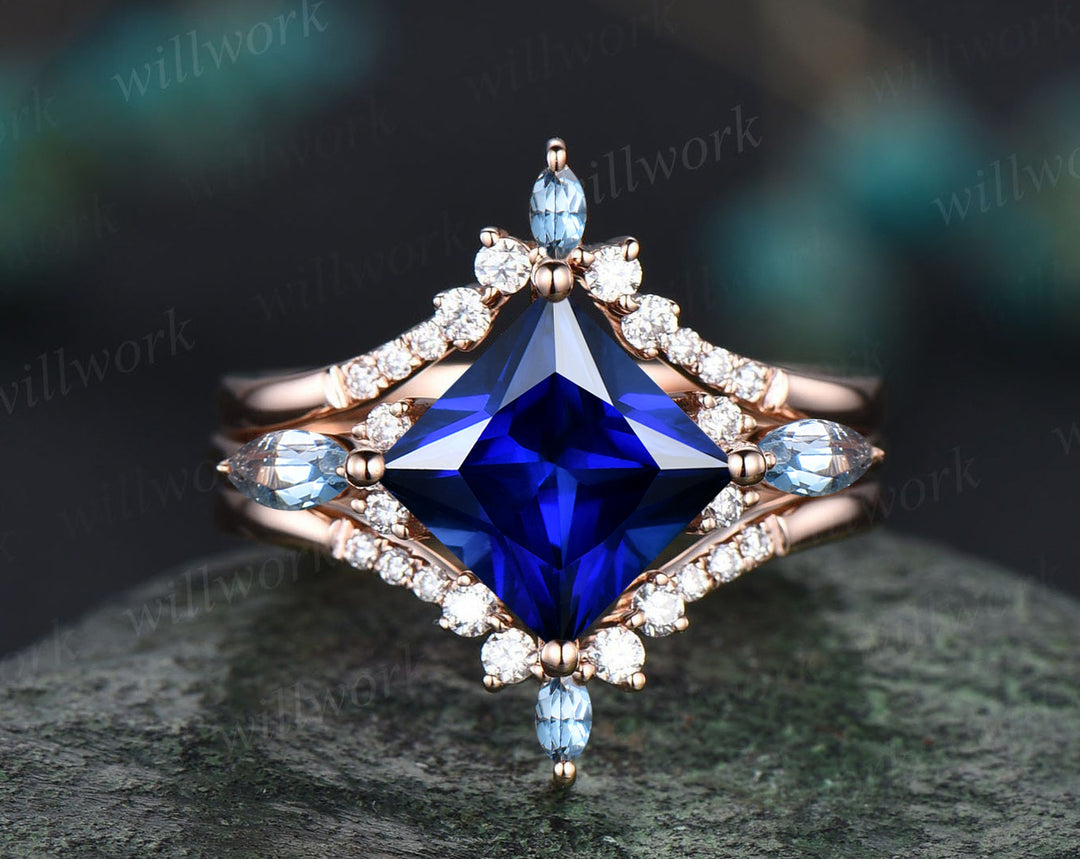 Unique Princess Cut September Birthstone Blue Sapphire Engagement Ring Set 14k Rose Gold Blue Topaz Moissanite Halo Cluster 3pcs Bridal Ring Set